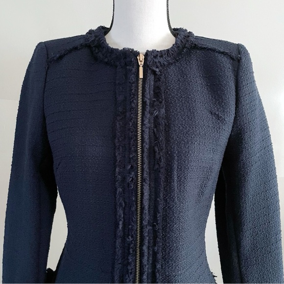 NWT H&M Navy Tweed Coat Jacket Size XS – Long Fringe Trim Zip Front Blazer - Picture 4 of 10